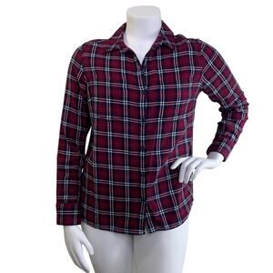 Woolrich Womens Flannel Shirt Size XL Red Violet Navy Plaid Cotton Button Up Top